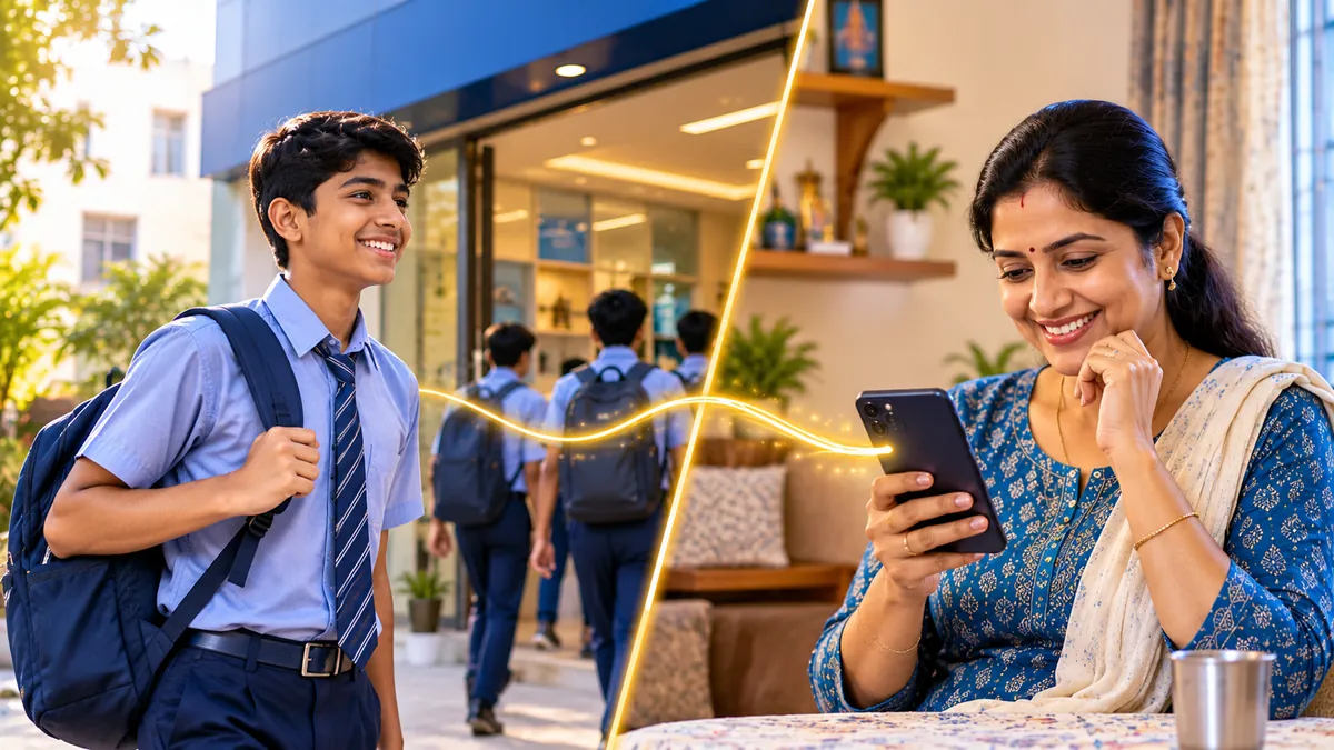 Parent reading an attendance message from a Rajkot coaching centre
